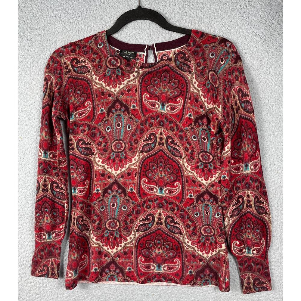 Talbots Petite Womens Size P Merino Wool Paisley Printed Lightweight Sweater